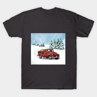 Little Red Truck gathering wood in winter T-Shirt